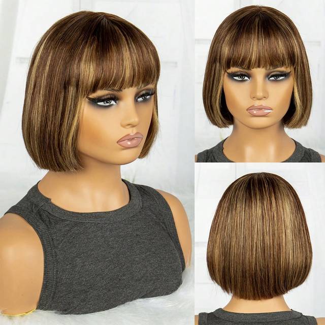 9AM Hair Highlight Color Short Bob Bang Wig T Part Side Part Lace Bob Wigs Lace Frontal Pre Plucked Brazilian Human Hair For Women
