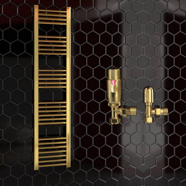 (550 x 1600 mm (h), With TRV Angled Valves) 550mm Wide Gold Heated Bathroom Towel Rail Radiator With Valves For Central Heating UK