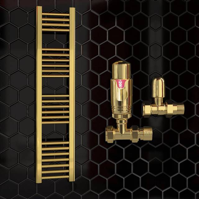 (300 x 1200 mm (h), With TRV Straight Valves) 300mm Wide Gold Heated Bathroom Towel Rail Radiator With Valves For Central Heating UK