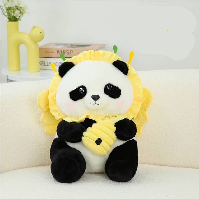 (Yellow, 35cm/13.78in) Giant Panda Plush Toy Cute Cartoon Frog Ice Cream Bee Headgear Fun Doll Gift