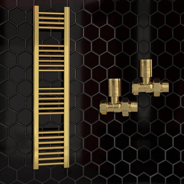 (400 x 1200 mm (h), With Straight Valves) 400mm Wide Gold Heated Bathroom Towel Rail Radiator With Valves For Central Heating UK
