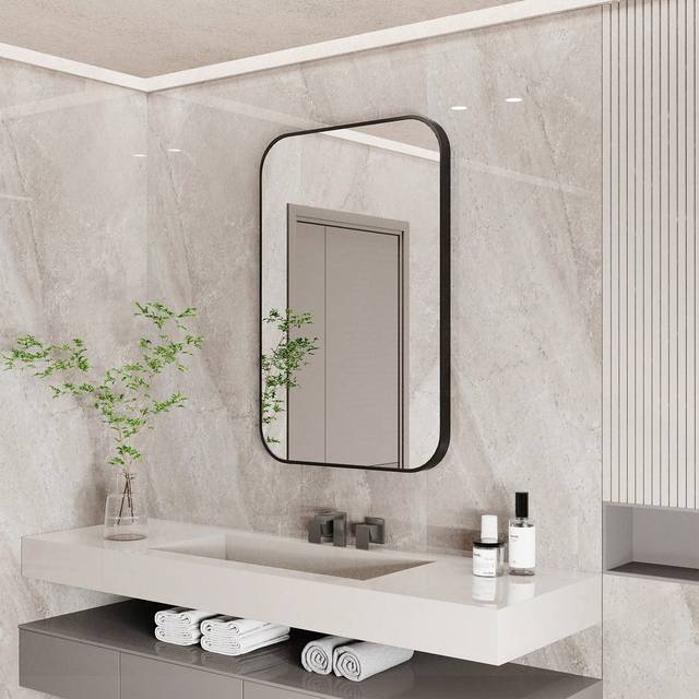 SHEIN Black Metal Framed Bathroom Mirror, Large Rounded Rectangle Wall Mirror, Matte Black Bathroom Vanity Mirror Farmhouse, Anti-Rust, HD Glass, Hangs Hori