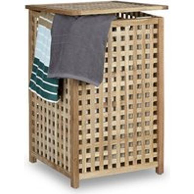 Relaxdays - Walnut Laundry Hamper Wooden Laundry Storage Bin Basket with Lid, 67.5 x 45.7 x 45.7 cm, Laundry Organizer, Laundry Box Wood with Linen