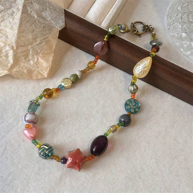SHEIN 1pc Colorful Charming Glass Rice Beads Ceramic Star Acrylic Beaded Necklace - Elegant Choker Necklace For Women, Suitable For Travel, Daily Wear, Birt