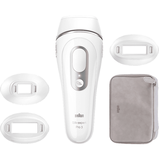 Braun IPL Silk·expert Pro 3 PL3230, Hårborttagning hemma, 3 huvuden för kropp & ansikte, fodral, 1 års slät hud med synliga resultat på bara 4 veckor, present till kvinnor, Vit/Silver