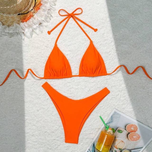 SHEIN Women&#39;s Solid Color Halter Neck Tie Two Pieces Bikini Set Bathing Suit For Summer Beach