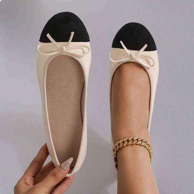 SHEIN Ballet Soft Round Toe Patchwork Bow Tie Flats For Women, Comfortable, Breathable, Lightweight, Suitable For Casual, Work, Commute, Mothers, Grandmothe