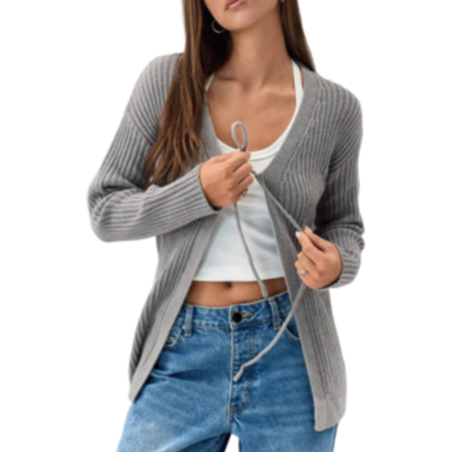 Flirla 1pc Women&#39;s Casual Simple Drawstring Textured Knit Cardigan, Gray, Autumn/Winter