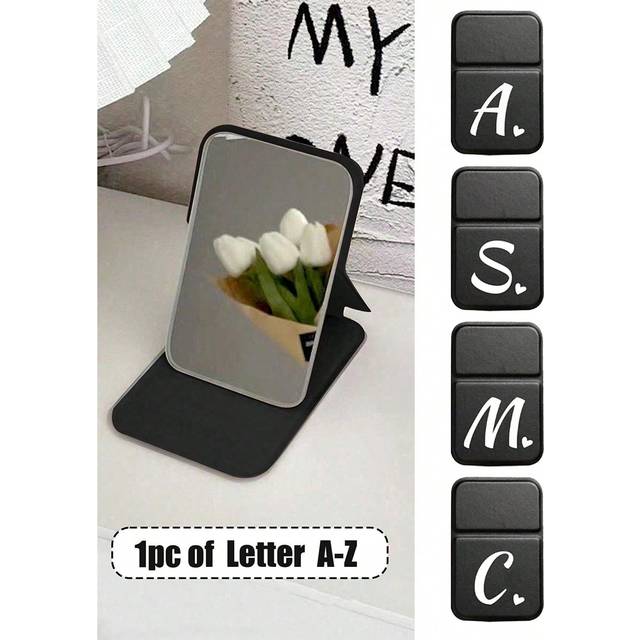 SHEIN 1pc Mini Printed Heart-Shaped White Letter Foldable Portable Makeup Mirror, A-Z Letter Makeup Mirror With Stand, Travel Mirror, Beauty Products, Deskt
