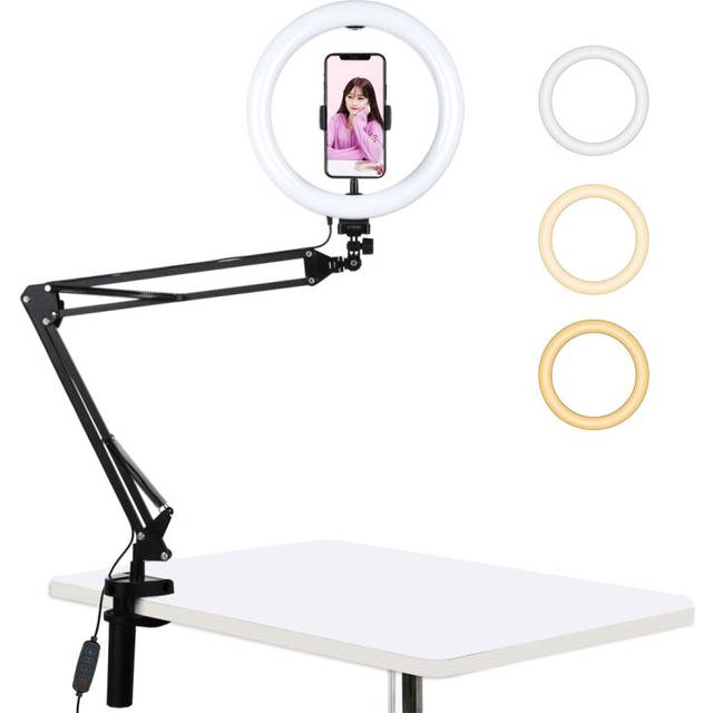 "PULUZ 10.2"" Ring Light with Desktop Arm Stand, USB, 3 Modes, Dual Color Temperature, Phone Clamp (Black)"
