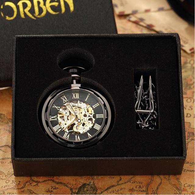 (Black with box) Antique Skeleton Mechanical Pocket Watch Men Steampunk Mechanical Fob