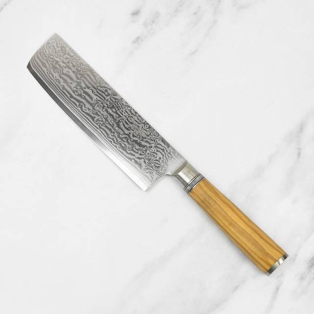Katana Saya Damascus Steel Nakiri Kitchen Knife with Olive Handle & Wooden Sheath, 18cm