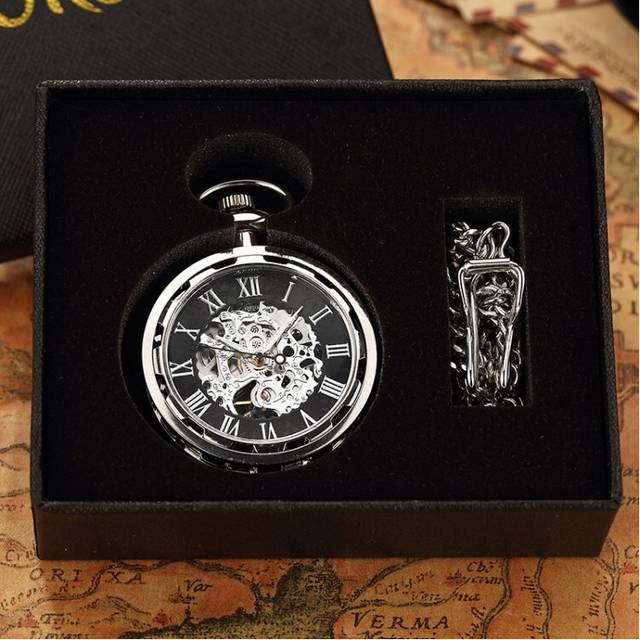 (Silver with box) Antique Skeleton Mechanical Pocket Watch Men Steampunk Mechanical Fob