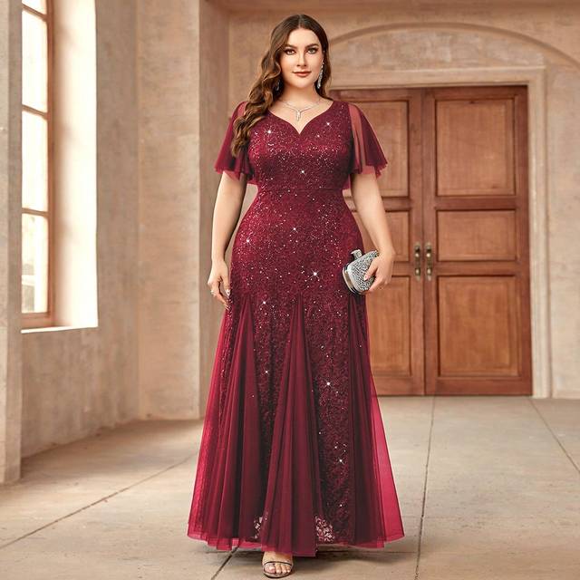 SHEIN Plus Sequin Lace Sweetheart Neck Ruffle Sleeve Evening Party Dress, Elegant Formal Prom Wedding Guest Gown, For Graduation, Dinner, Homecoming