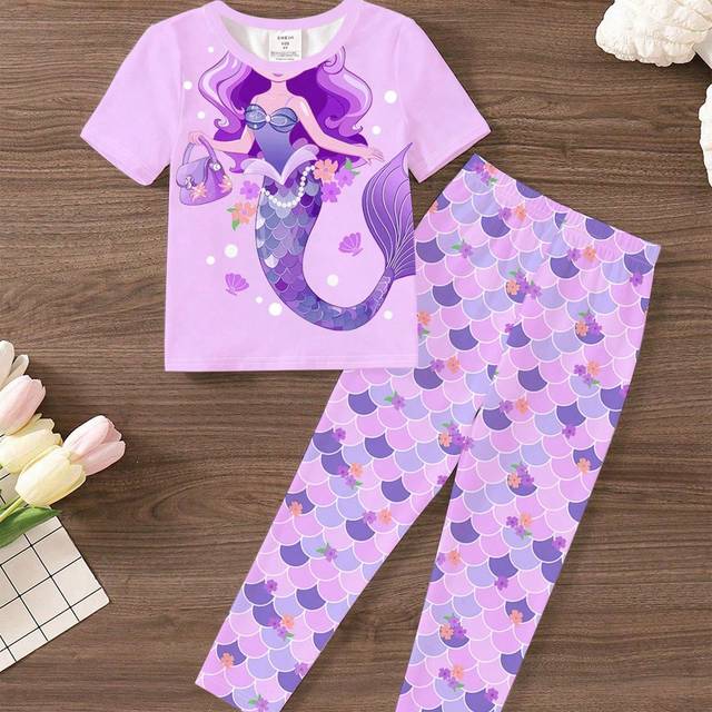 SHEIN 2pcs Casual Cartoon Print Short Sleeve T-Shirt And Pants Set, Suitable For Young Girls Spring & Summer Loungewear