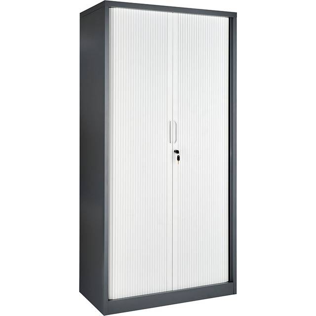 185cm Tambour Storage Cabinet Lockable Steel Office Cupboard - Satin Black (185cm H X 90cm W X 45cm D)