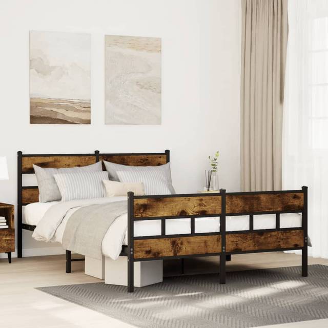 vidaXL Metal Bed Frame without Mattress Smoked Oak 135x190 cm Double - Brown