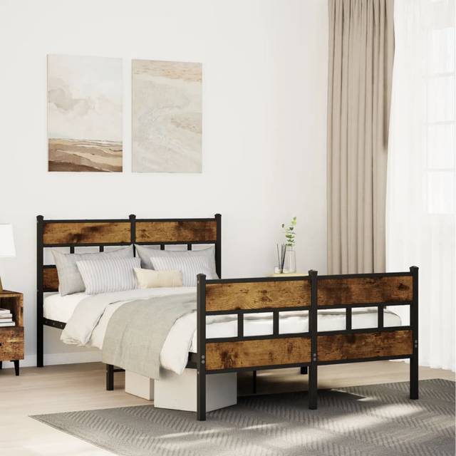 vidaXL Metal Bed Frame without Mattress Smoked Oak 120x190 cm Small Double - Brown