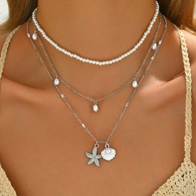 SHEIN 3pcs/Set Faux Pearl Tassel Starfish Shell Silver Necklace Set, Beaded Layered Choker Necklace For Women, Suitable For Daily Wear And Beach