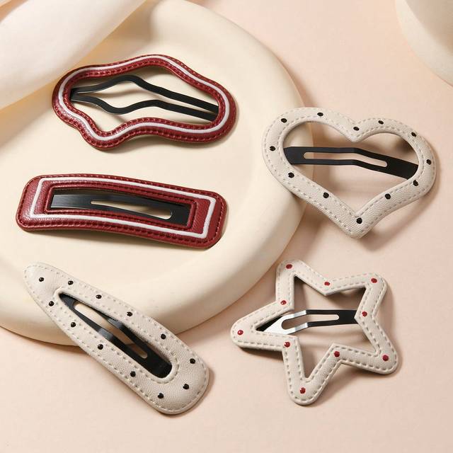 SHEIN 5pcs/Set Girls Milky White & Red Leather Hollow Hair Clips, All-Match Polka Dot Bangs Hairpins, Kids Baby Hair Clips For Girls