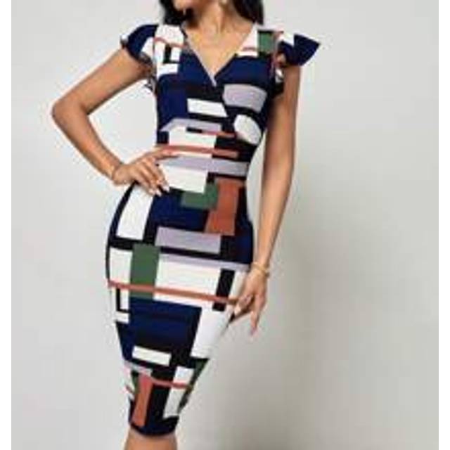 SHEIN Geo Print Ruffle Trim Bodycon Dress