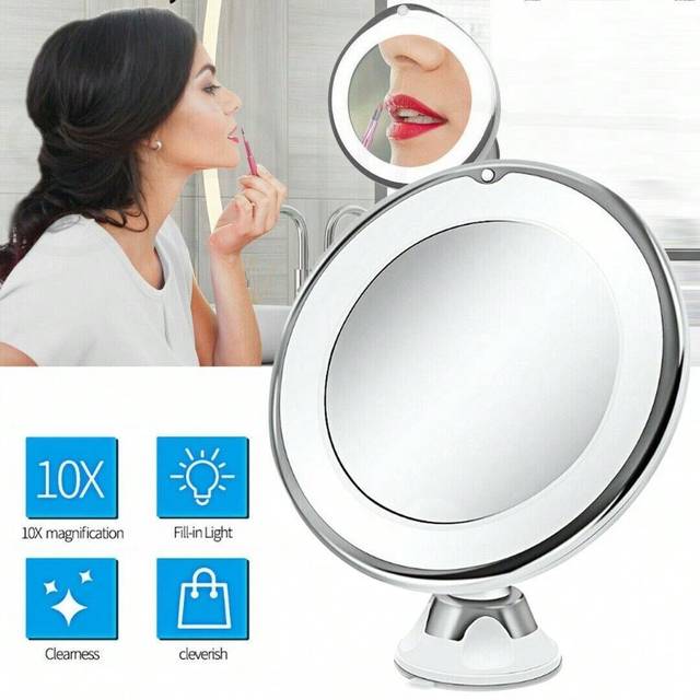 SHEIN 10X Magnifying Lighted Makeup Mirror, Dimmable Vanity Mirror With Power Suction Cup, 360° Swivel, Portable Bathroom Mirror For Home Travel