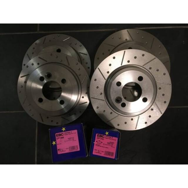 Mini r53 cooper s grooved brake discs & ebc ultimax pads, fnt + rear