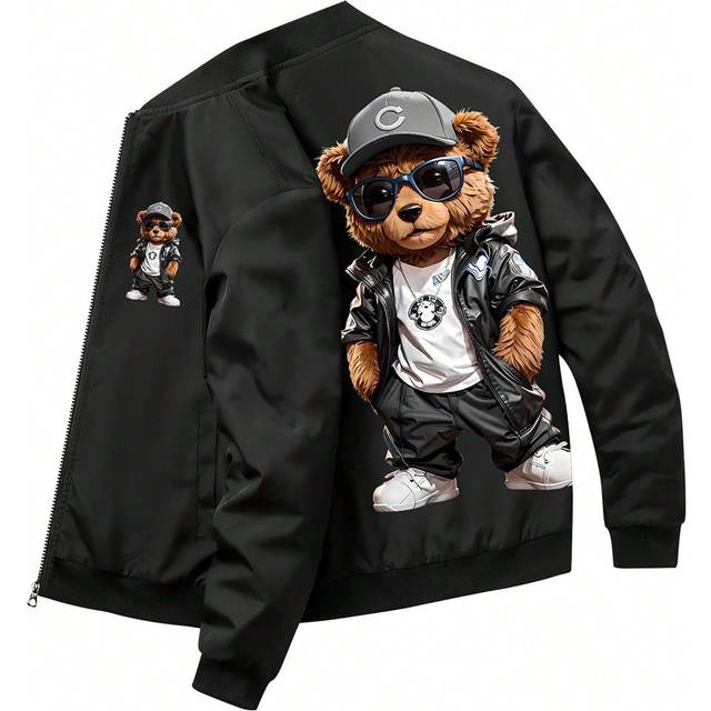 SHEIN Men&#39;s Sports Casual Jacket, Spring Autumn Vintage Cool Bear Graphic Print Baseball Collar Zip-Up Cardigan With Pockets, Daily Outdoor Wear