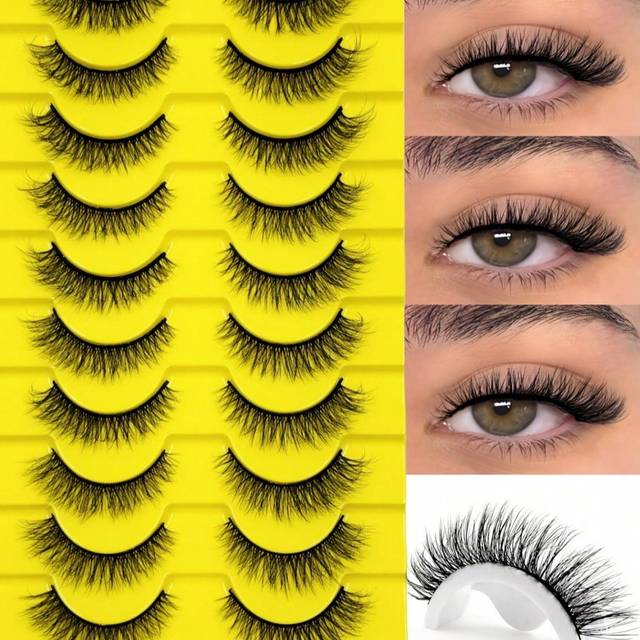 SHEIN 10 Pairs Fluffy Faux Mink Lashes Natural Look Curl False Eyelashes Soft Wispy Reusable Lash Black Thin Band Eye Lashes