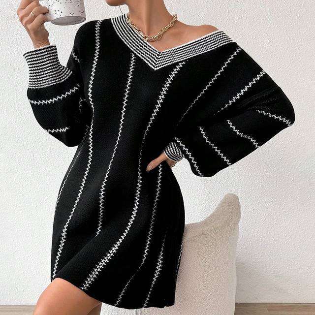 SHEIN Women&#39;s V-Neck Long Sleeve Colorblock Fitted Elegant Classy Dress