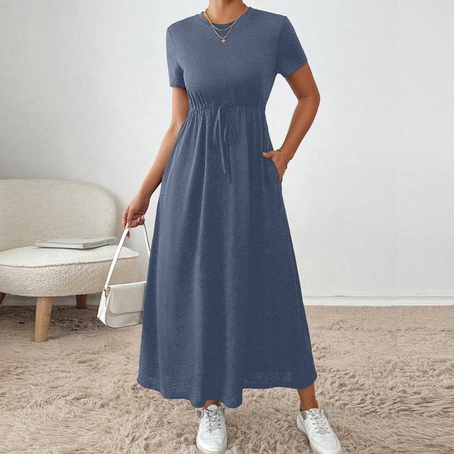 SHEIN Women&#39;s Solid Color Crew Neck Short Sleeve Waist Tie Pocket Maxi Casual Dress, Summer