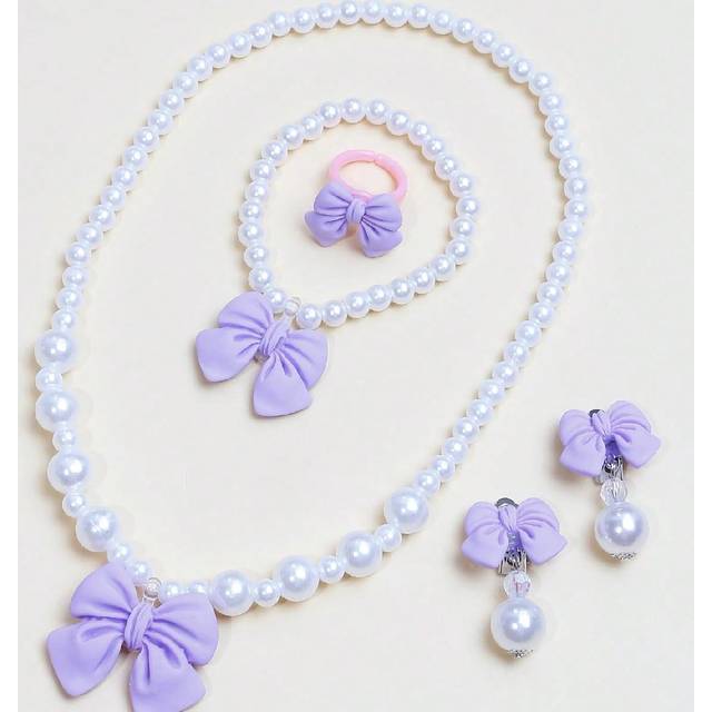 SHEIN 5pcs/Set Kids Faux Pearl Bow-Tie Necklace, Bracelet, Earrings, Ring Jewelry Set