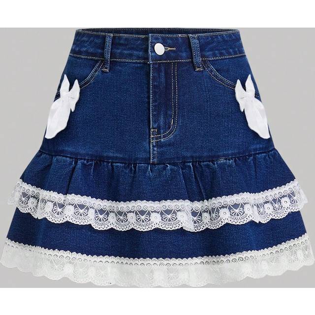 SHEIN Women&#39;s Figure Graphic Print Lace Patchwork Layered Denim Mini Skirt, Summer