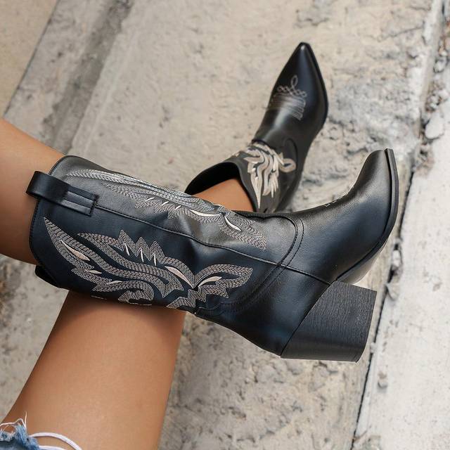 SHEIN Pointed Toe Embroidered Chunky Heel Mid-Calf Western Cowgirl Boots For Women, Comfortable & Versatile