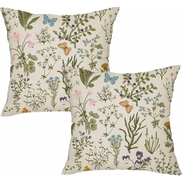 SHEIN 2 Pieces Green Wildflowers Plant Pillow Covers, Seasonal Floral Outdoor Decorative Square Farmhouse Cushion Cases For Home Sofa Couch (Inserts Not Inc