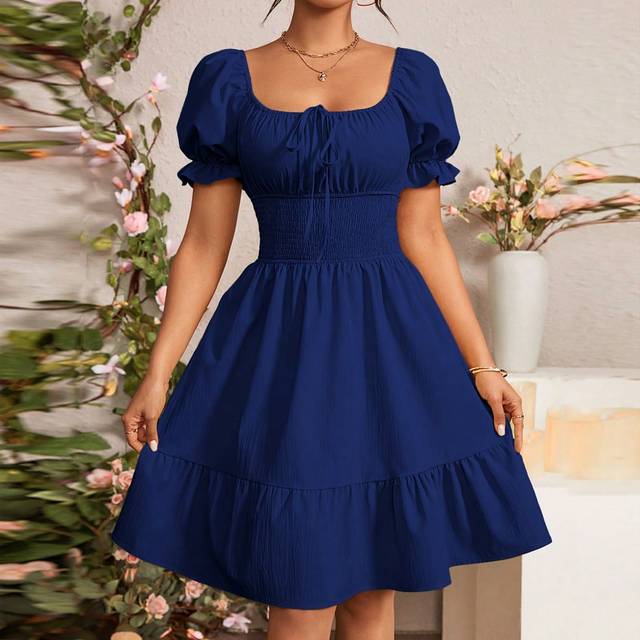 Rafferiza Women&#39;s Summer Solid Color Front-Tie Short Puff Sleeve Ruffle Hem Elegant Dress