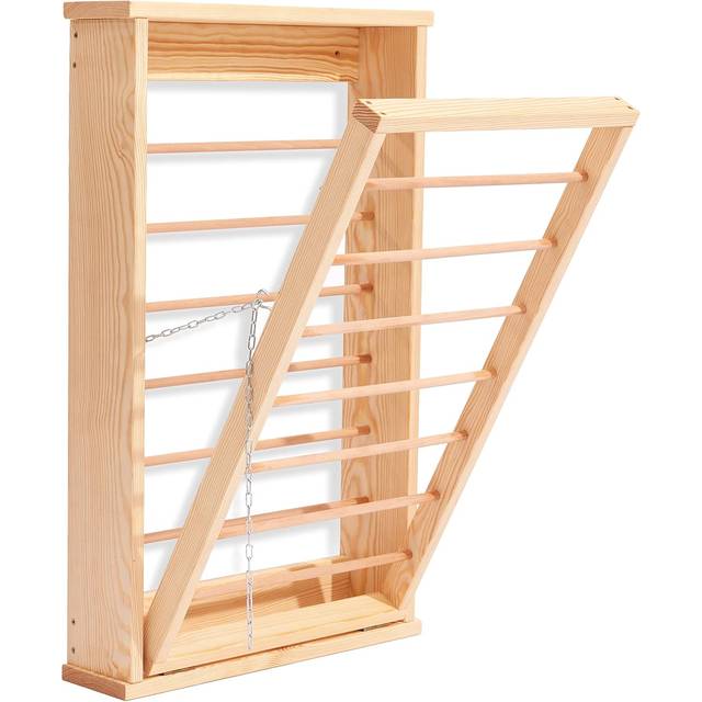 Natural Wall Mounted Wooden Clothes Drying Rack with Double side Rails - Foldable and Space-Saving Clothes Airer