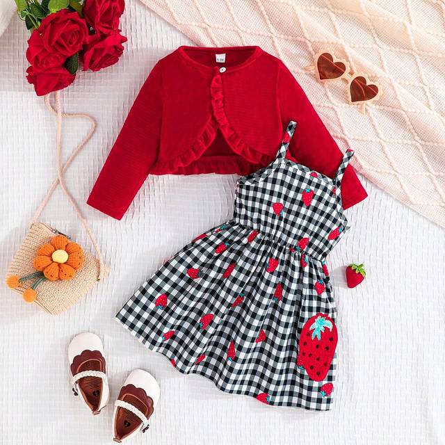 SHEIN 2pcs/Set Newborn Baby Girl Ruffle Collar Jacket & Strawberry Print Suspender Dress Set, Elegant Outfit