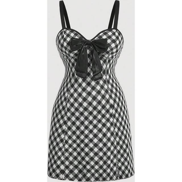 SHEIN Plus Size Women&#39;s A-Line Slip Dress With Bow Shoulder Strap In Black & White Plaid Pattern