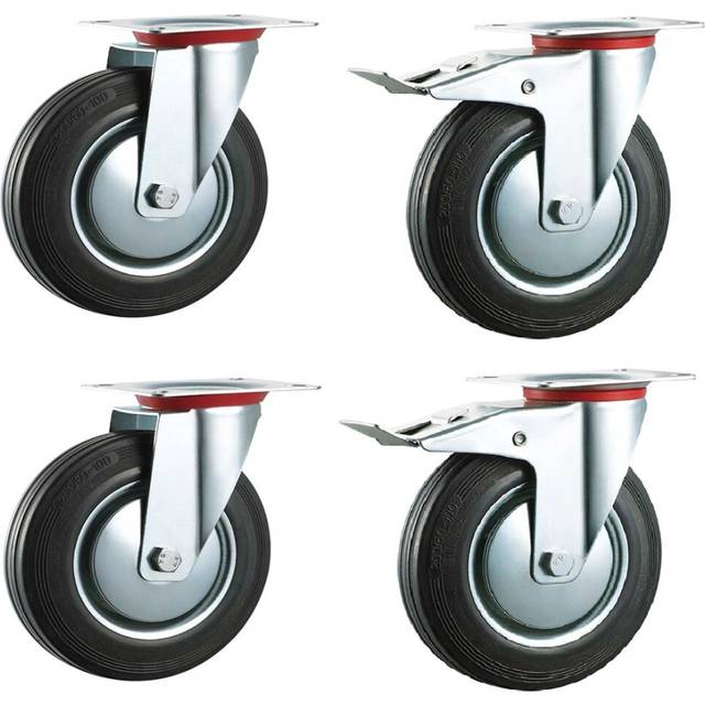 100mm Black Rubber Industrial Castors with Brakes - Top Plate Fixing - Heavy Duty Casters Wheels by Bulldog Castors - Max 400Kg Per Set