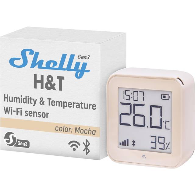 Shelly H&T Gen3 Elfenben – Trådlös temperatur- och fuktighetssensor, Wi-Fi Termometer och hygrometer, E-ink-display, App för iOS & Android, USB-C & batteridrift