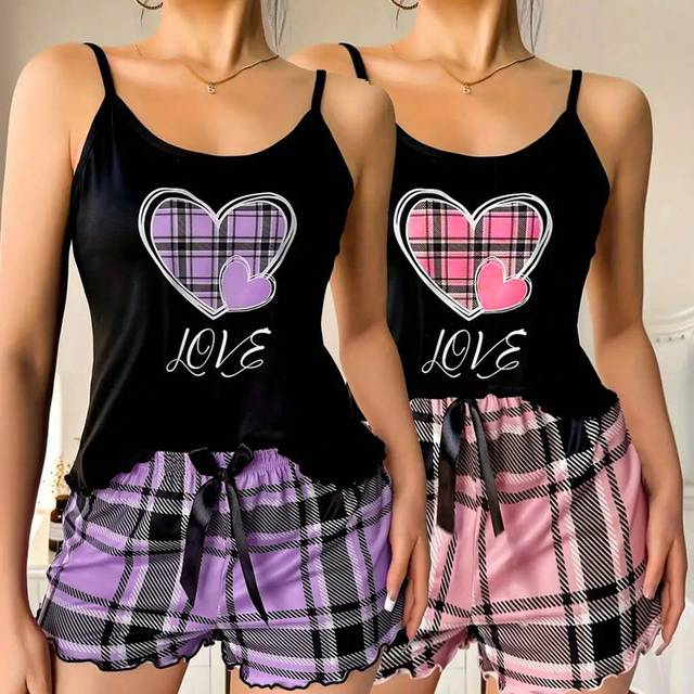 SHEIN 2 Sets Women&#39;s Lovely Plaid Heart & Letter Print Lettuce Frill Trim Casual Pajama Set Bow Front Round Neck Backless Cami Top & Shorts Comfortable Rela