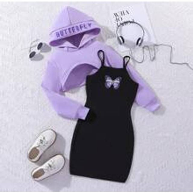 SHEIN Tween Girl High Low Hem Hoodie & Butterfly Print Cami Dress