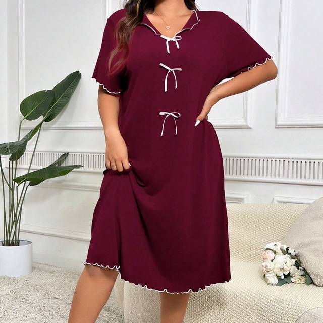 SHEIN Plus Size Casual White Bow-Tie Contrast Ruffle Hem Soft Milk Silk Mid-Length Dress