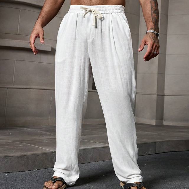 Manfinity Men Elastic Waist Linen White Pants, Men&#39;s Mature Casual Vacation Everyday White Linen Pants, Going Out Plain Long White Straight Leg Slacks Pants, Fo