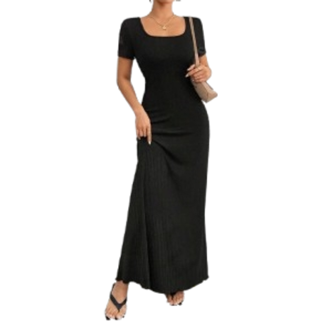 Clasi Relaxiva Elegant, justerbar midja Tuck Dam Plain Color Square Neck Bodycon Dress Maxi Women Summer Boho/Bohemian/Festival Long Dress. Lämplig fö - Svart (L,M,S,XL,XS)