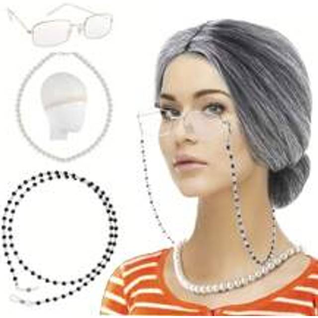 SHEIN Old Lady Wig COS GRANDMA Short Curly Hair GRANDPA Middle-Aged And Elderly Sketch Dress Up Suit,Grandma Cosplay Set Funny Old Lady Dress Up Set With Wi