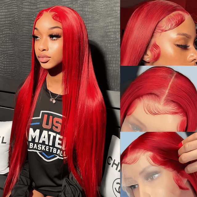 SALLYWELL Lace Front Wigs Straight Hair Glueless Lace Wigs Synthetic Long Silk Straight Natural Wig Heat Resistant Fiber Dark Root Ombre Red Colorful Wig 24 Inc