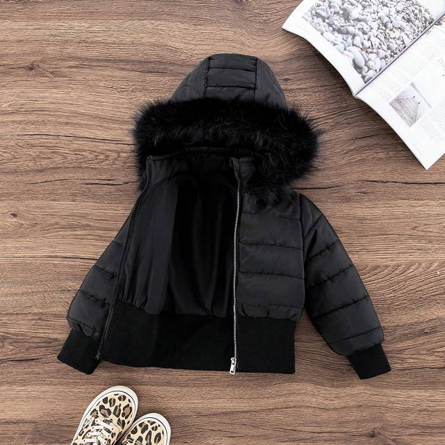 SHEIN Young Girls Hooded  Parka Jacket With Fluffy Collar, Ribbed Cuffs And Hemline, Zip Front, Warm Winter Padded Coat