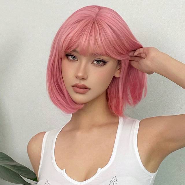 SHEIN 14 Inch Straight Pink Bob Wig With Bangs Synthetic Wig For Women Suitable Daily Party Cosplay Photograhy Use